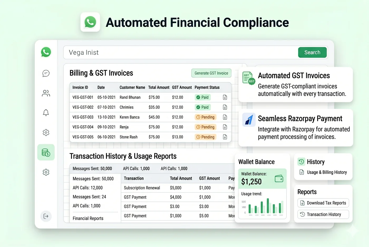 Billing & GST Invoices — Automated Financial Compliance | wChatFlowAI WhatsApp Business API Platform